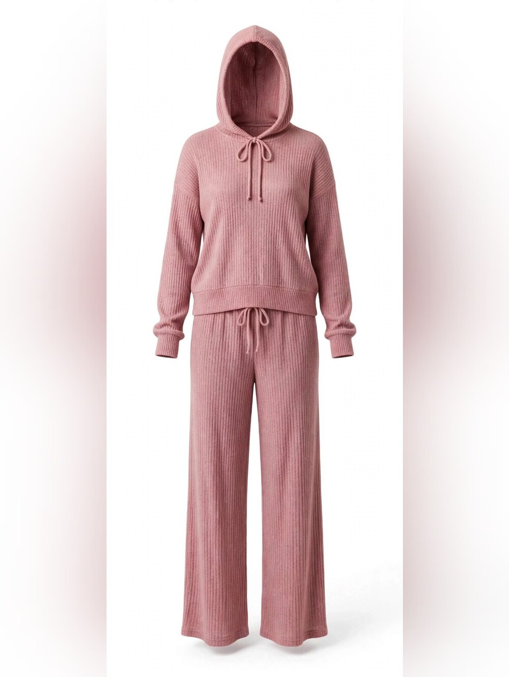 Pink‎ Ribbed Hooded Lounge Set Wide Leg Pants Cozy 2 Piece L–XXL